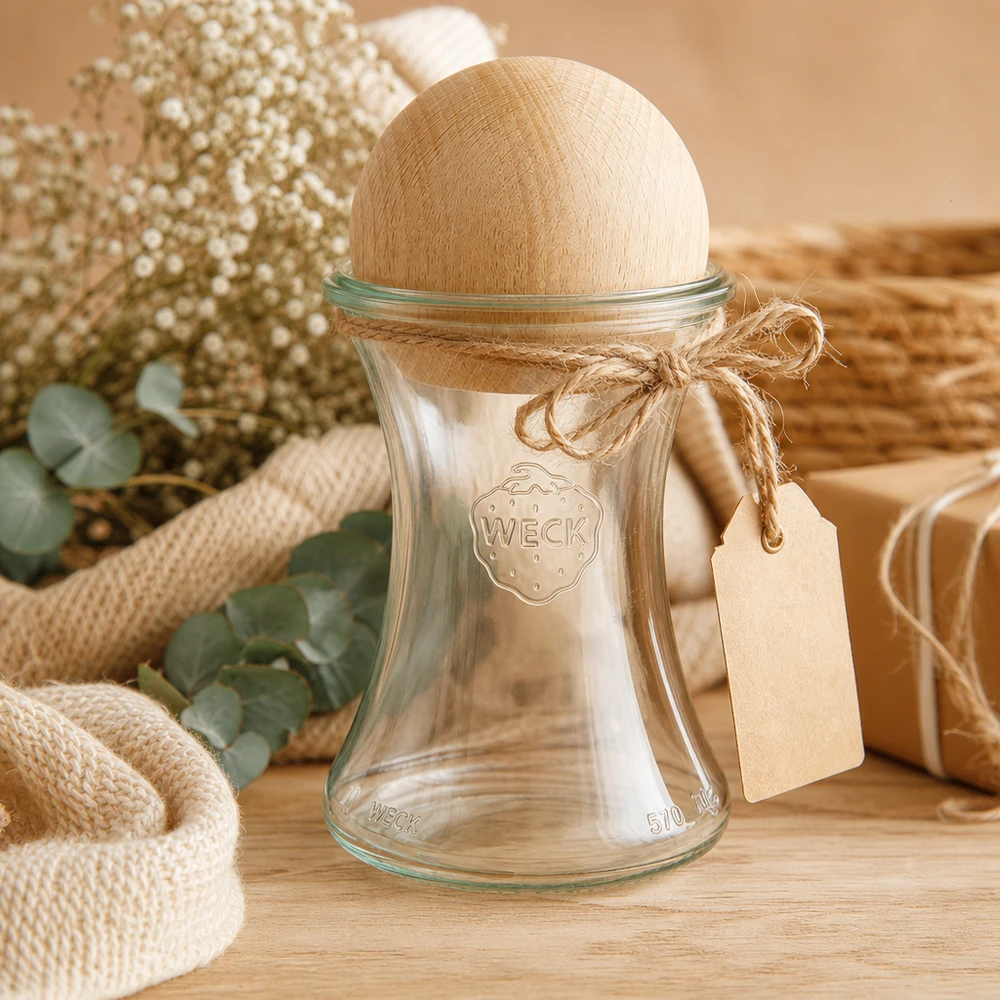 WECK Delikatessengl 370ml RR80 Sphère en bois Hêtre Emballage cadeau Fil de jute Étiquette Équipement de cuisine naturel