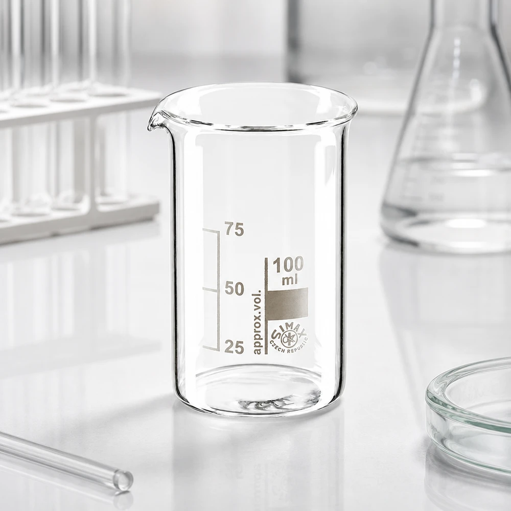 Bécher 100ml en verre borosilicate résistant à la chaleur (forme haute) Verre à bec en verre transparent de 100 ml, forme haute, avec graduation de volume « approx vol » et logo Simax