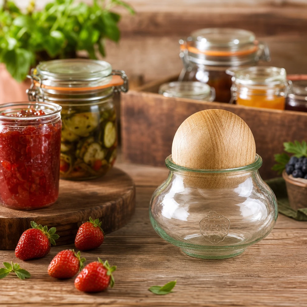 560ml bocal décoratif WECK RR80 avec boule en bois en hêtre WECK Bocal à provisions 560ml RR80 Sphère en bois Hêtre Décoration de cuisine avec bocaux à confiture Fraises Planche en bois