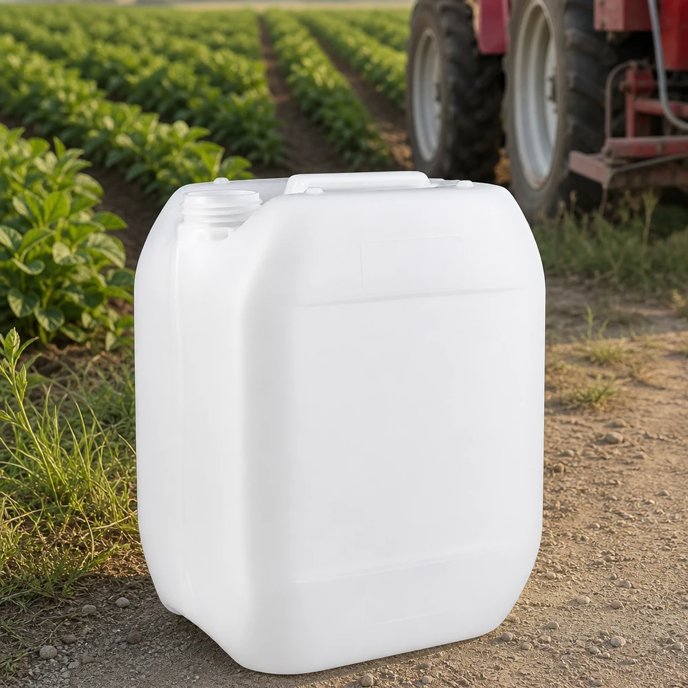 Bidon compact de 10 litres posé sur un chemin de campagne, à côté d'un tracteur et de rangées de cultures, sans bouchon