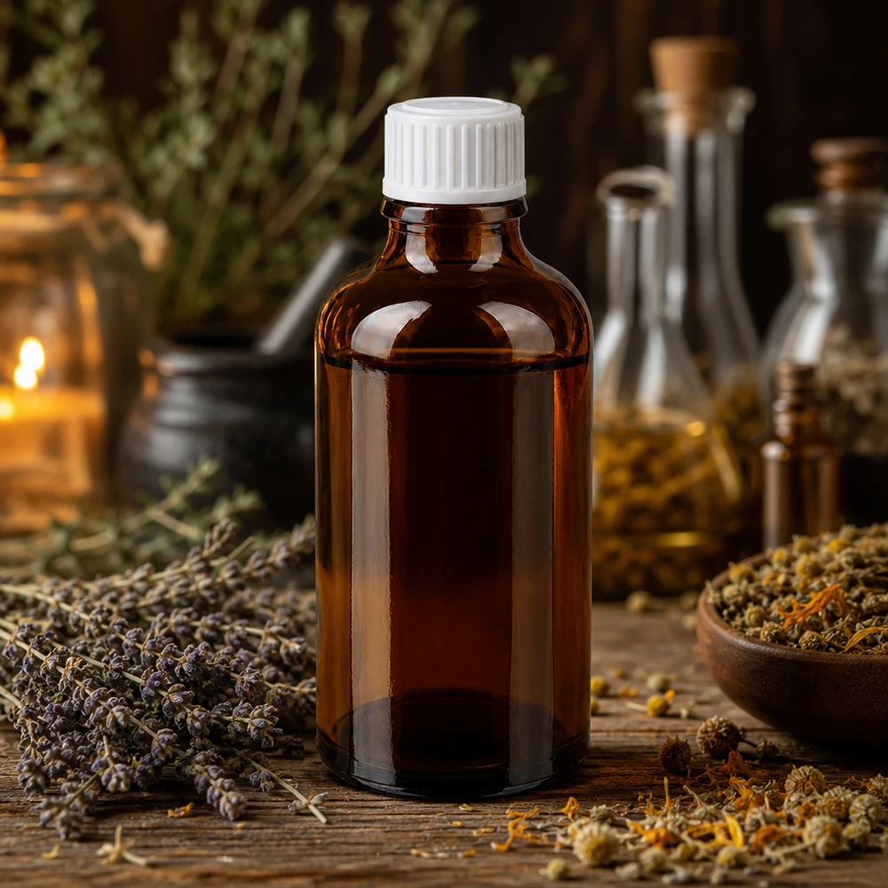 Flacon de pharmacie brun 50ml bouchon à vis blanc Flacon de pharmacie en verre ambré destiné à la phytothérapie, avec des plantes médicinales et des récipients en verre en arrière-plan