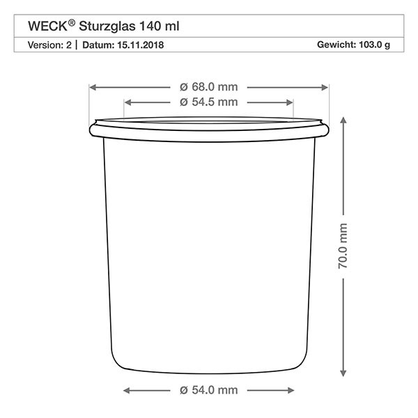 140ml bocal conique complet WECK RR60 Dessin technique WECK Verre renversé 140ml RR60 avec dimensions et spécifications pour couvercle boule en bois en hêtre
