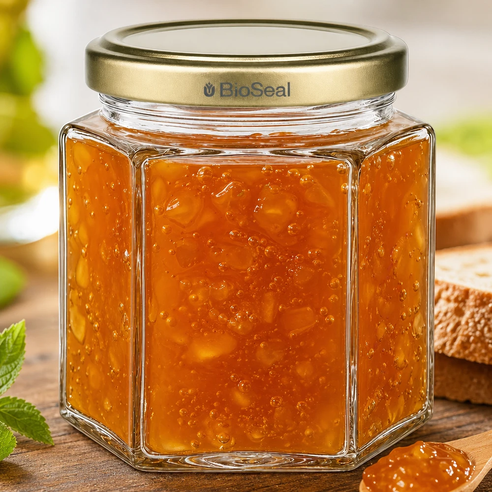 Pot de miel hexagonal BioSeal de 520 g rempli de marmelade d'orange sur une planche en bois à côté du pain et de la menthe