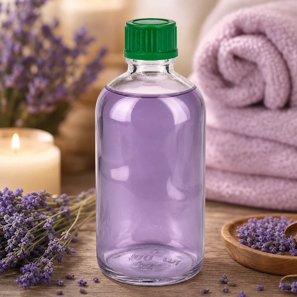Flacon 100ml 11mm SV vert STD ClearLine UT18/100 Huile de lavande dans un flacon en verre à épaulement arrondi ClearLine UT18/100 de 100 ml avec bouchon vert