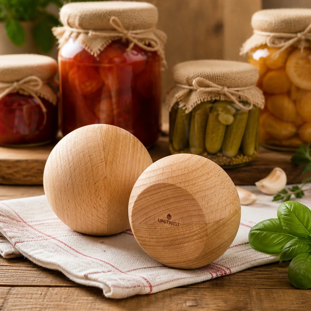 UNiTWIST Sphère en bois (hêtre) pour WECK RR80 UNiTWIST Holzkugeln aus Buche im Küchenambiente - stilvolle Alternative zu Deckeln für WECK RR80 Einmachgläser