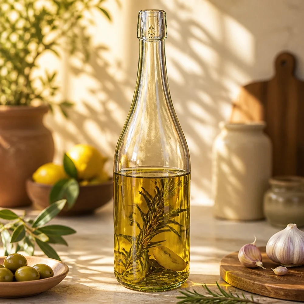 Bouteille en verre de 750 ml sans bouchon mécanique UNiTWIST Bouteille en verre de 750ml UNiTWIST remplie d'huile aux herbes dans la cuisine méditerranéenne avec des olives et de l'ail Exemple d'utilisation