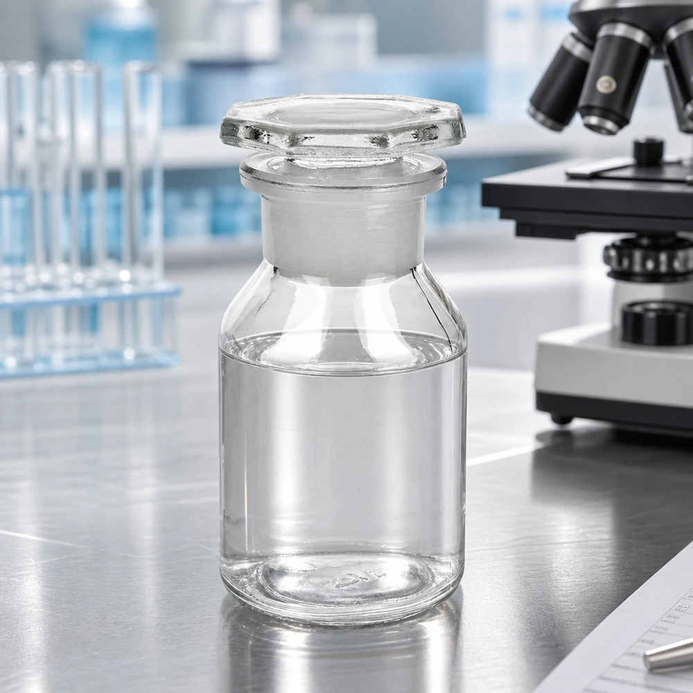Flacon à col large et conique 50 ml en verre clair + bouchon de verre Flacon à col large et à paroi droite de 50 ml, en verre transparent, muni d'un bouchon hermétique, destiné aux applications de laboratoire en chimie