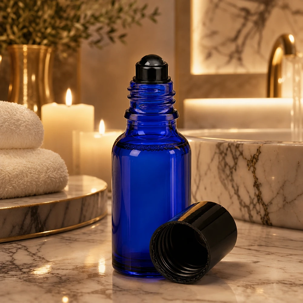 Flacon de déodorant en verre bleu 20 ml, déo à bille vide Petite bouteille à bille en verre bleu cobalt posée à côté de bougies allumées dans la salle de bains