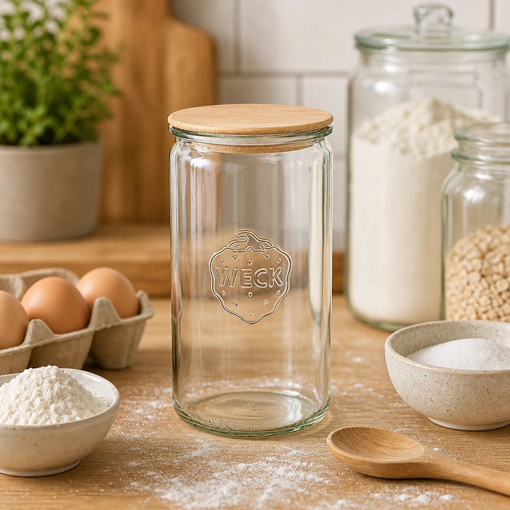 1590ml bocal cylindrique WECK RR100 avec couvercle en bois WECK Bocal 1590ml RR100 vide dans Boulangerie avec farine Œufs et ingrédients pour la cuisson du pain et la préparation de la pâte