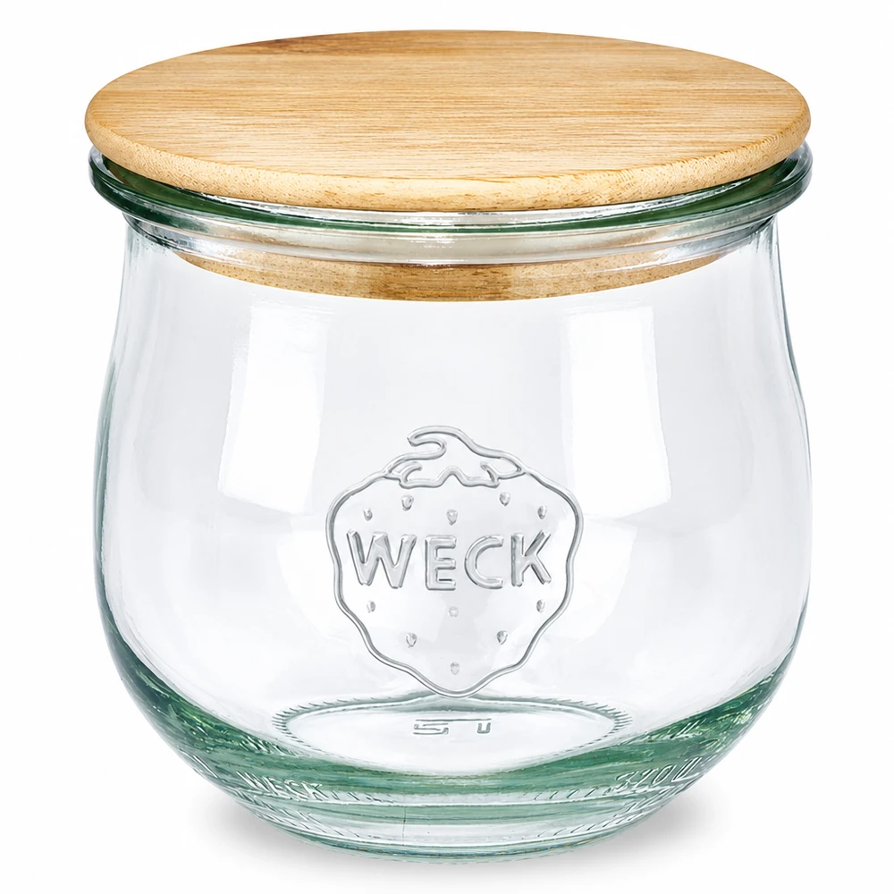 WECK Pot tulipe 370ml RR80 avec couvercle en bois Pot de conservation avec couvercle en verre en bois naturel