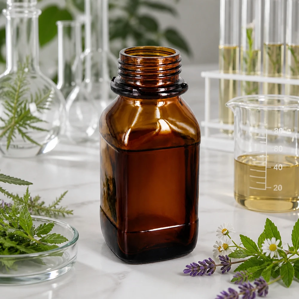 Flacon carré à col large (flacon à produits chimiques) en verre ambré 250 ml, avec goulot de norme DIN 45 (pour bouchon rayé) Bouteille à col large de 250 ml en verre brun pour un dosage précis des produits chimiques de laboratoire