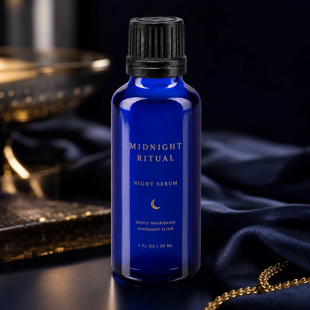 Bouteille de pharmacie bleue 30ml bouchon vissable noir bouchon d'inviolabilité Élégant flacon en verre bleu de 30 ml muni d'un bouchon OV, posé sur un foulard en soie à côté d'une chaîne en or