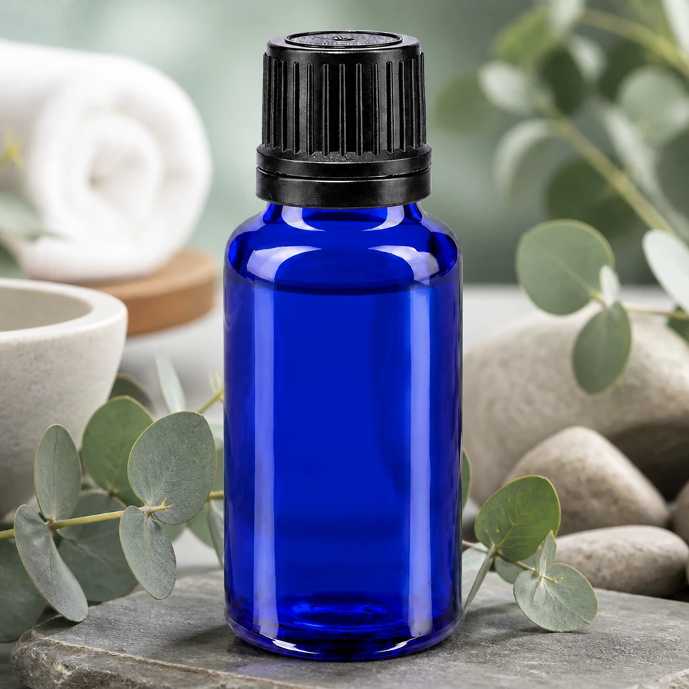 Petite bouteille en verre bleue de 20 ml avec bouchon de sécurité enfant pour huiles essentielles et aromathérapie
