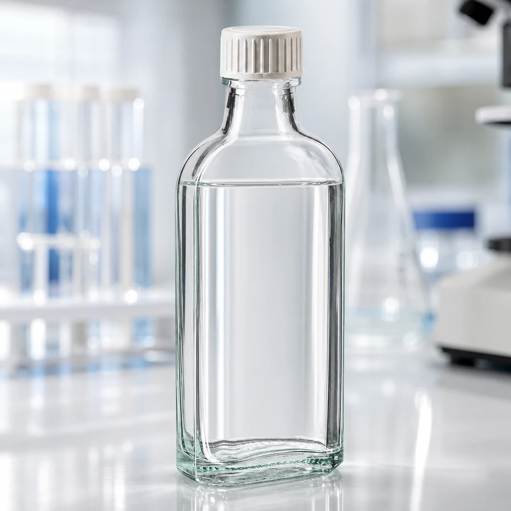 Flasque transparente de 100 ml au goulot DIN 22, avec bouchon à vis DIN 22 blanc en PP et joint mousse en PE Bouteille rectangulaire en verre de 100 ml avec bouchon à vis blanc et joint en mousse étanche