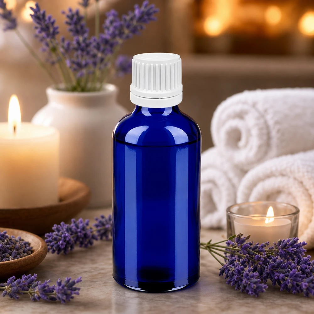 Flacon compte-goutte 50ml 0.7mm blanc OV BlueLine UT18/50 Flacon de protection contre la lumière 50ml en verre bleu résistant aux UV avec système de goutte à goutte précis UT18/50 BlueLine