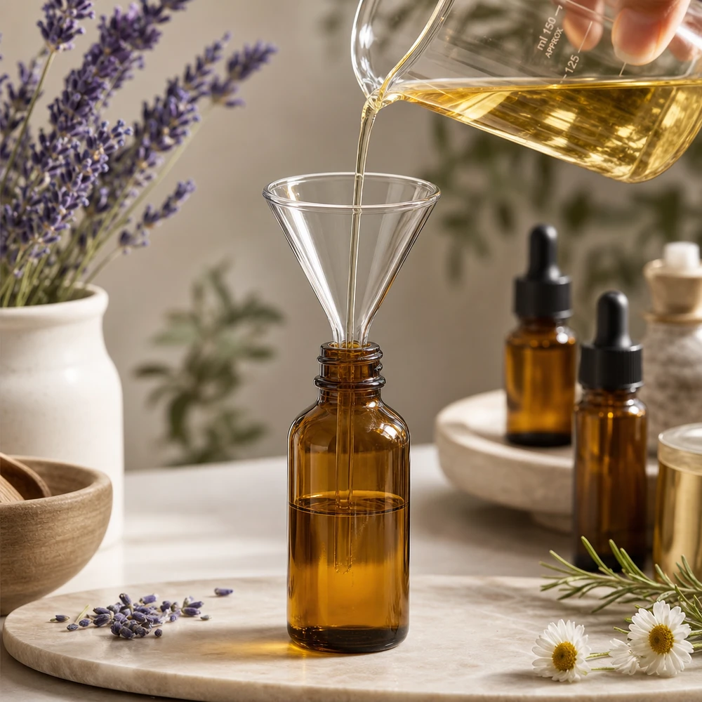 Entonnoir en verre de précision avec une ouverture de 100 mm et un pied court, pour un transvasement propre des huiles et des essences