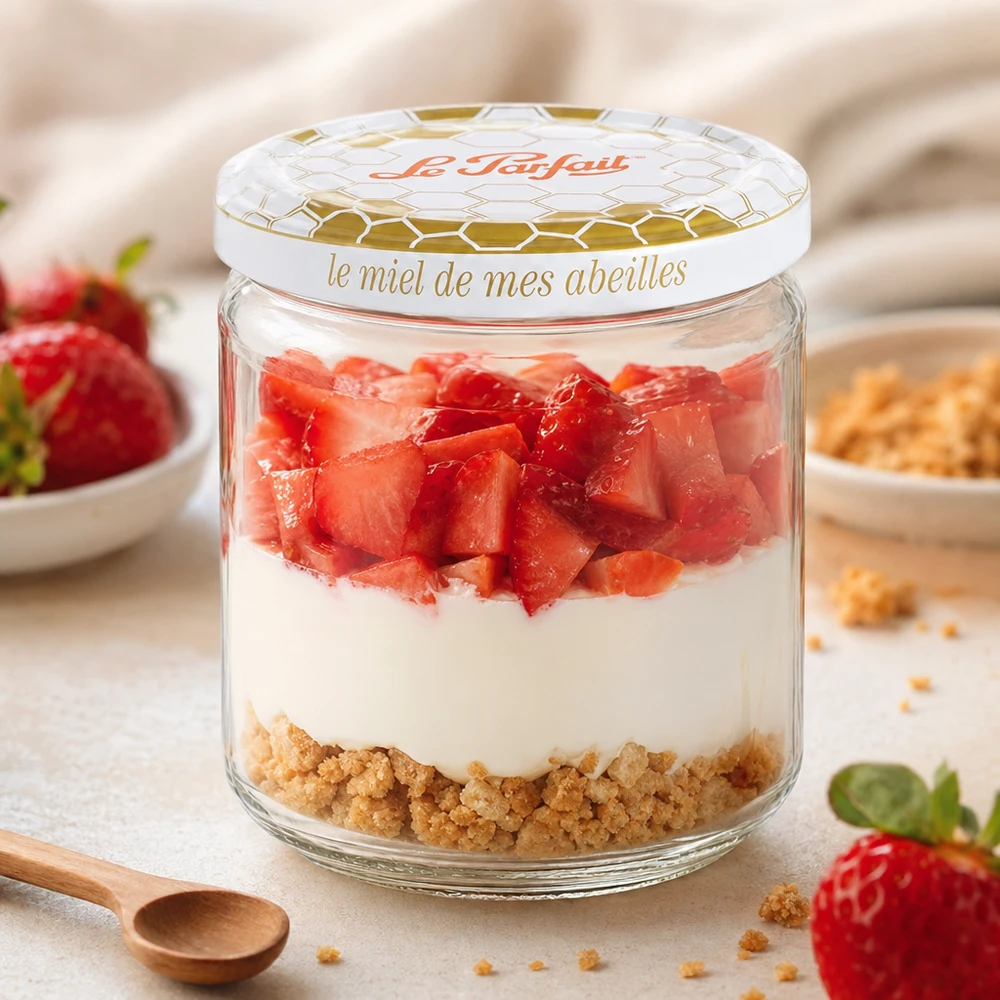 Le Parfait 212ml Honey pot de stockage utilisé comme un bol à dessert avec des fraises yaourt et le fond de biscuits en couches