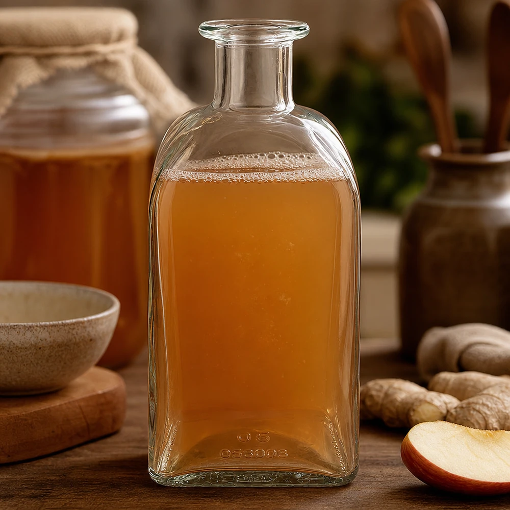 Flacon à pharmacie « Julia» 500 ml sans bouchon UNiTWIST® Bouteille de verre Julia de 500 ml contenant un liquide ambré entre du gingembre et des tranches de pomme sur une table en bois rustique