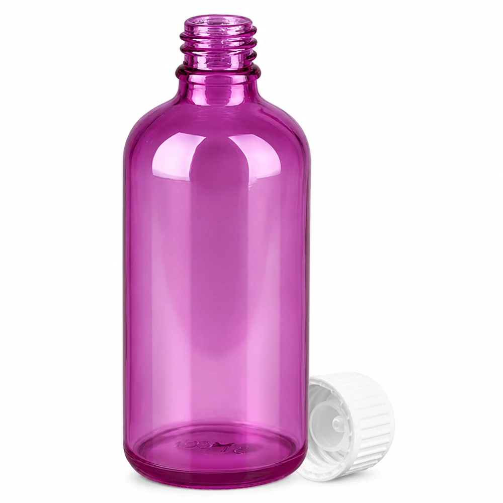 Flacon 100ml (globules) 3mm bague de coulée blanche standard PurpleLine. UT18/100 Bouteille en verre violet de haute qualité 100ml avec protection UV et bouchon en plastique blanc