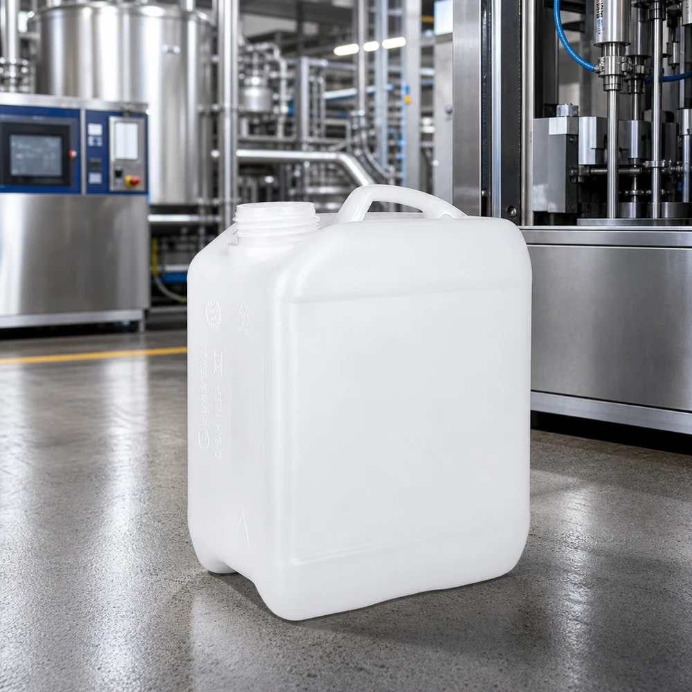 Bidon translucide en PEHD de 2,5 L, muni d'un bouchon à vis et d'une poignée de transport, dans un environnement de production