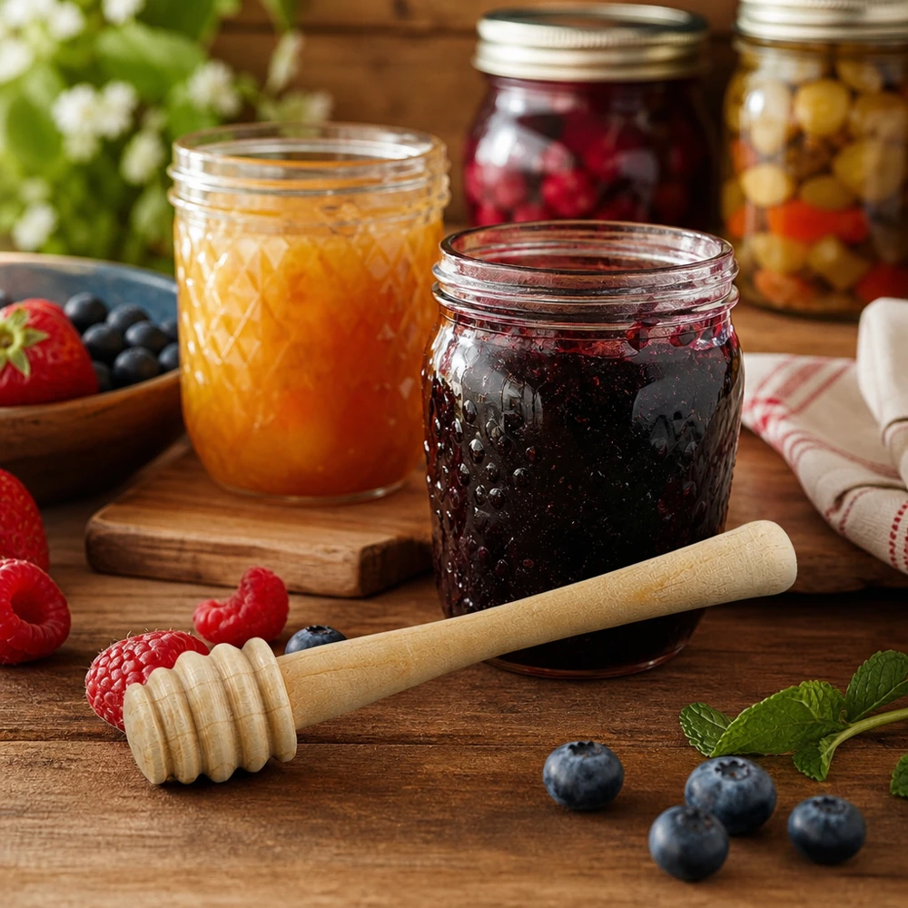 Cuillère à miel en bois d'érable dans un décor de cuisine rustique avec des pots de confiture et des baies fraîches sur une table en bois