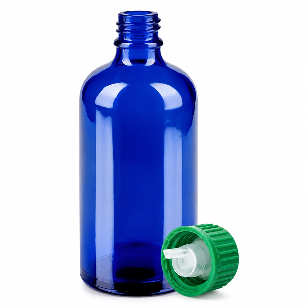 100ml Fl. goutte 0.8mm vert STD BlueLine UT18/100 Flacon en verre bleu de 100ml avec bouchon à vis vert et compte-gouttes pour l'aromathérapie et la cosmétique