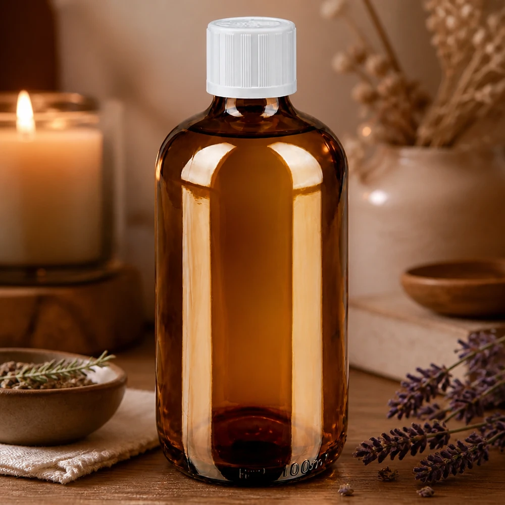 Flacon à pharmacie brun 100ml bouchon compte-gouttes blanc sécurité enfant std Flacon compte-gouttes cylindrique en verre ambré de 100 ml, muni d'un bouchon de sécurité pour enfants et contenant des plantes aromatiques