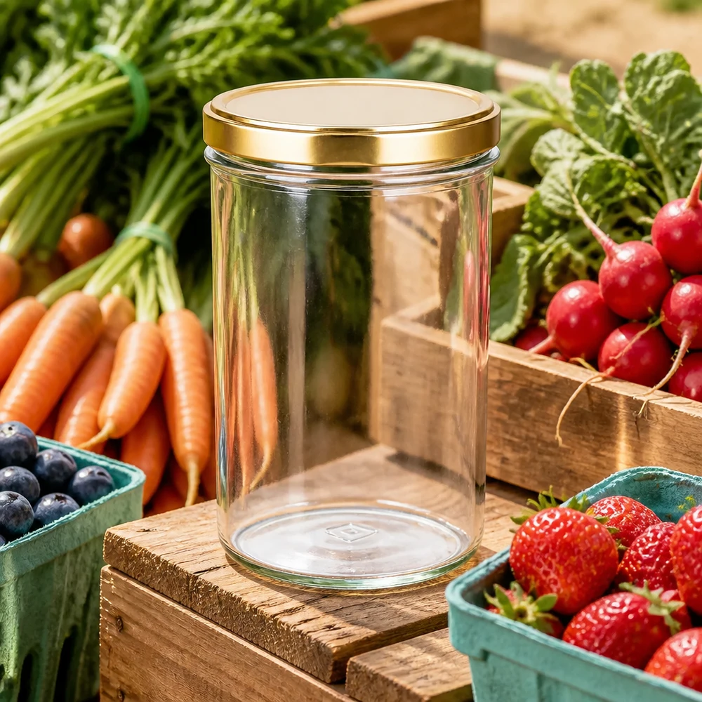 277ml Verre conique avec couvercle BasicSeal or UNiTWIST 277ml verre renversé vide avec couvercle doré BasicSeal entouré de légumes frais fruits sur caisse en bois stand de marché