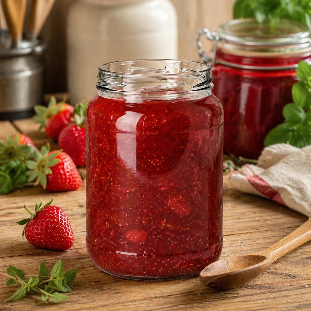 1700ml Verre rond sans couvercle (TO100) UNiTWIST UNiTWIST Runda1700 Pot renversé rempli de confiture de fraises 1700ml TO100 Bocal de conservation Cuisine Table en bois