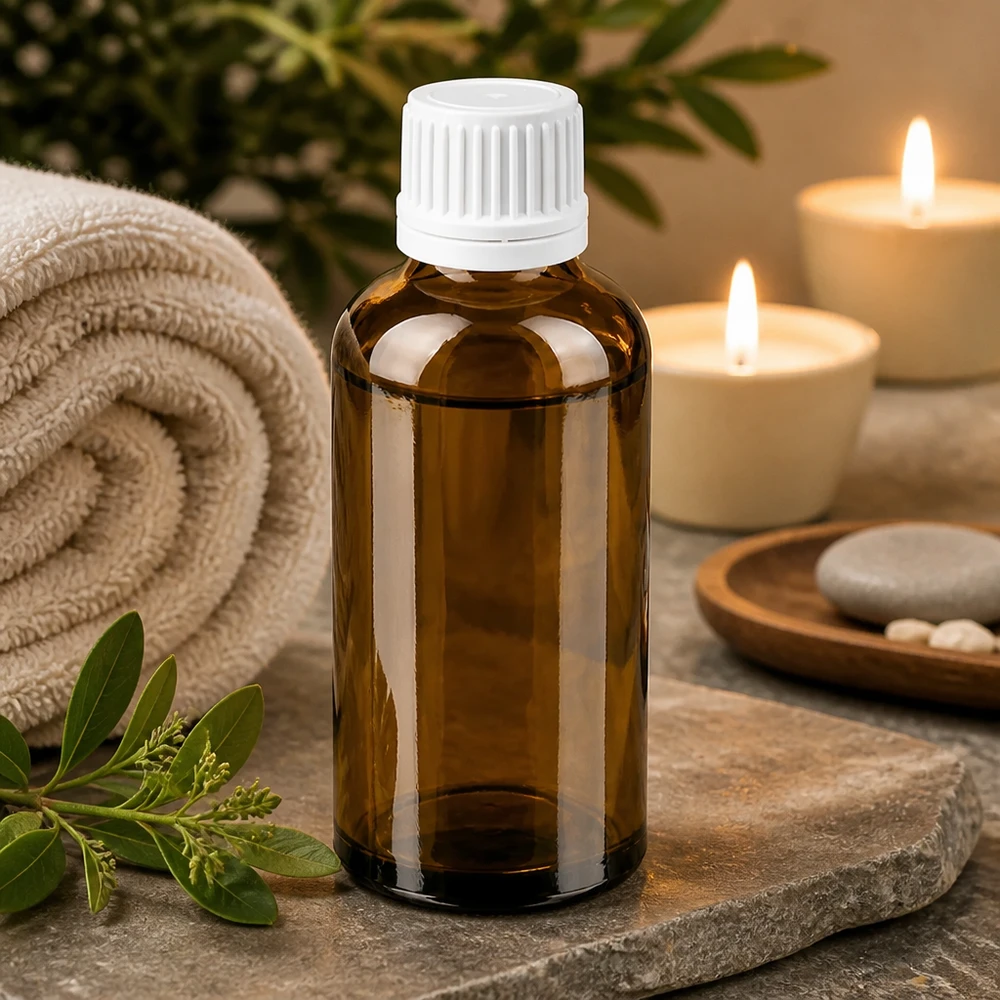 Flacon 50ml 11mm SV blanc OV BrownLine UT18/50 Bouteille de verre compacte de 50 ml en brun avec bouchon blanc pour l'aromathérapie et le bien-être