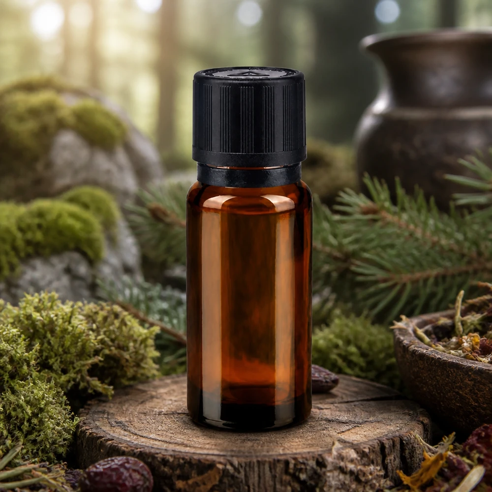 Flacon de médicament en verre ambré de 10 ml avec bouchon d'inviolabilité, posé entre de la mousse et des branches de sapin