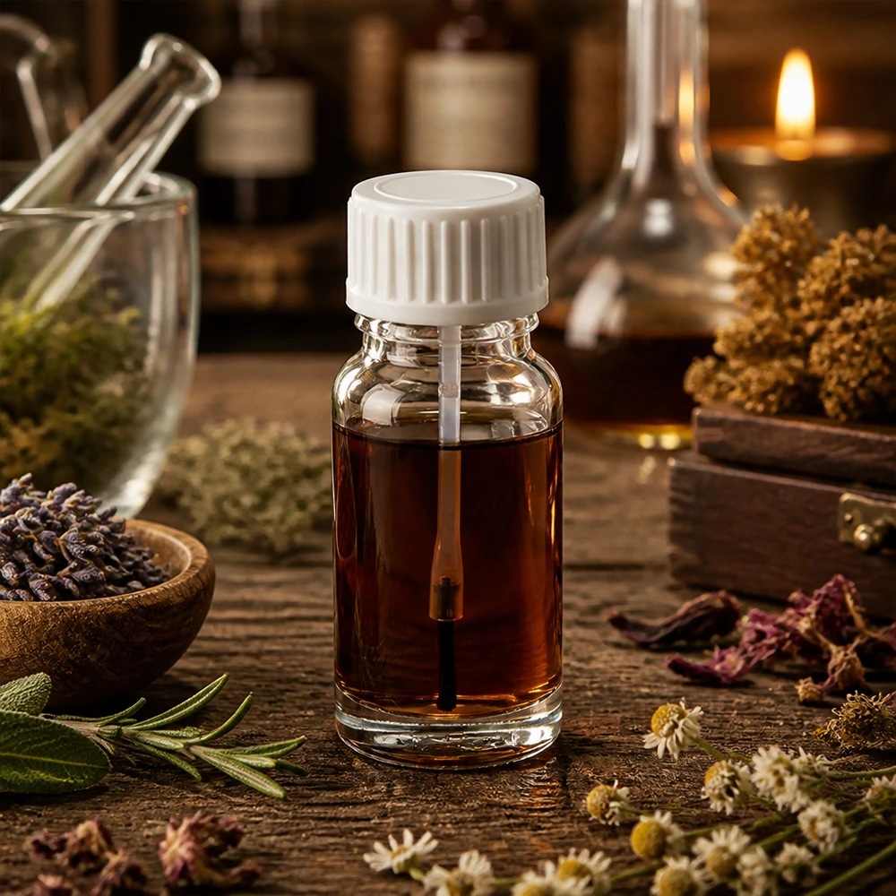 Flacon à pinceau 10 ml STD ClearLine avec bouchon blanc, parmi des plantes médicinales : fleurs de camomille et romarin