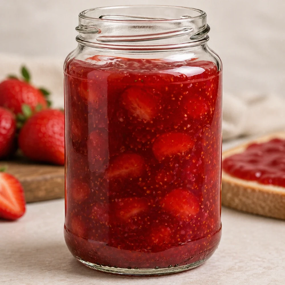 375ml Verre rond sans couvercle (TO63) UNiTWIST UNiTWIST Runda375 Verre rond 375ml TO63 rempli de confiture de fraises maison à côté de fraises fraîches et de pain