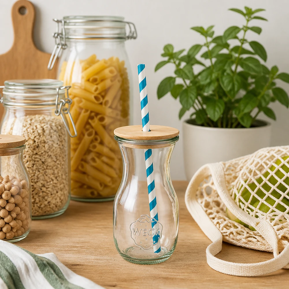 Bocal conique WECK 290 ml (1/5 L) avec couvercle WECK Bouteille de jus 290ml cuisine durable Zero Waste Bouteilles en verre Bocaux à provisions Pâtes Couvercle en bois Paille écologique