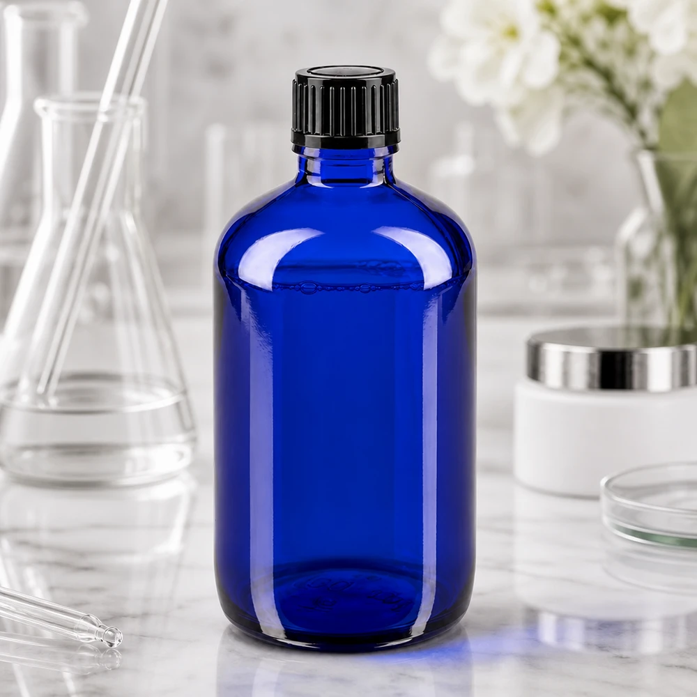 Flacon de pharmacie bleu de 100 ml avec bouchon standard de 11 mm, à côté d'un ballon d'Erlenmeyer