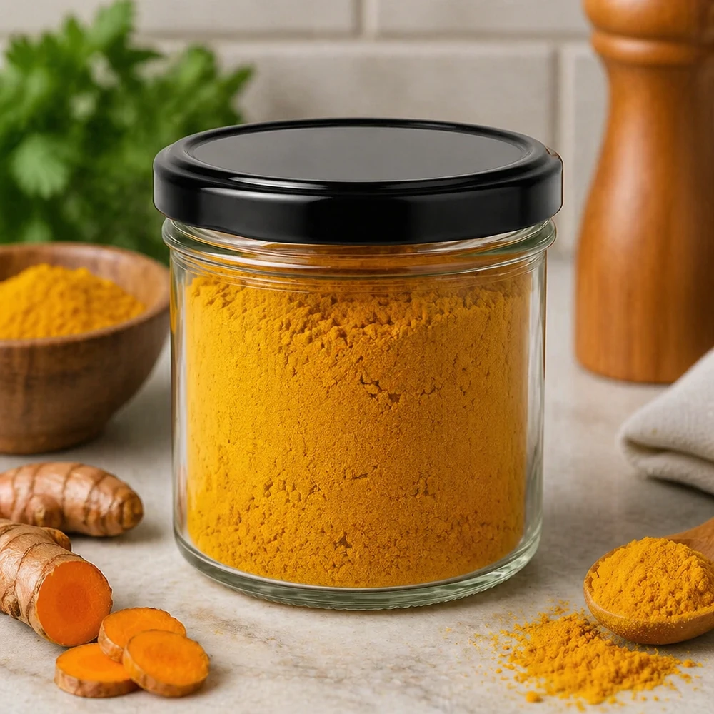 Bocal en verre de 125 ml avec couvercle noir BasicSeal rempli de poudre de curcuma Racine de curcuma fraîche Bocal à épices Cuisine