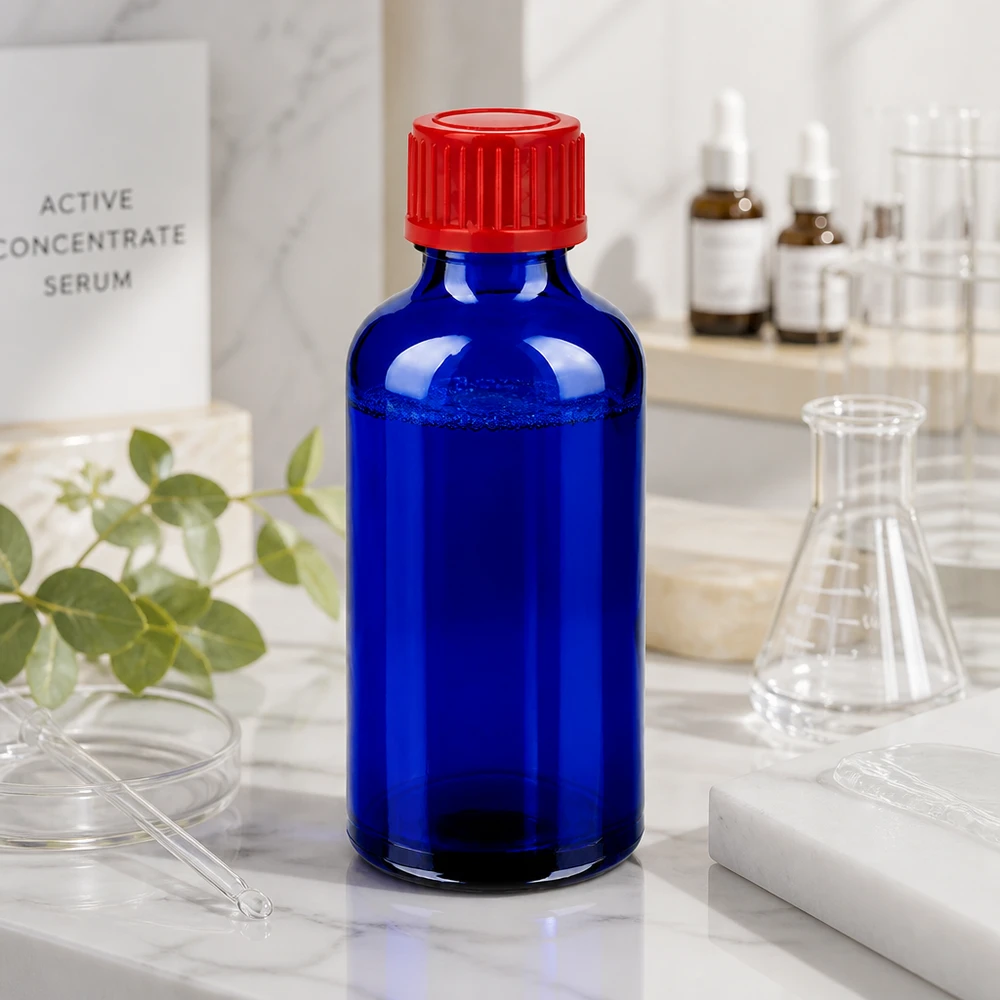 Flacon de 50ml 11mm SV rouge STD BlueLine UT18/50 Flacon en verre de 50ml avec protection UV et bouchon pratique SV de 11mm en rouge