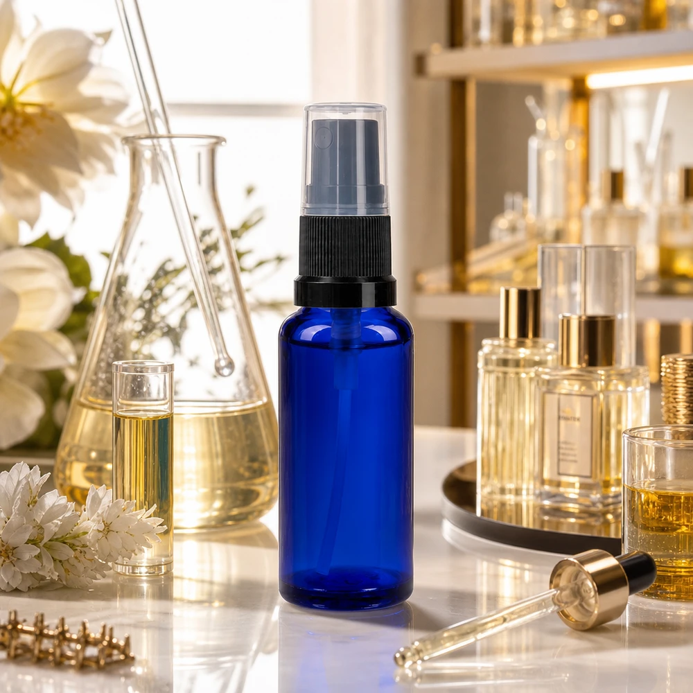Flacon de pharmacie bleu 30ml embout spray noir Flacon en verre bleu cobalt de 30 ml muni d'un vaporisateur à pompe noir, entouré de flacons de parfum et d'instruments de laboratoire