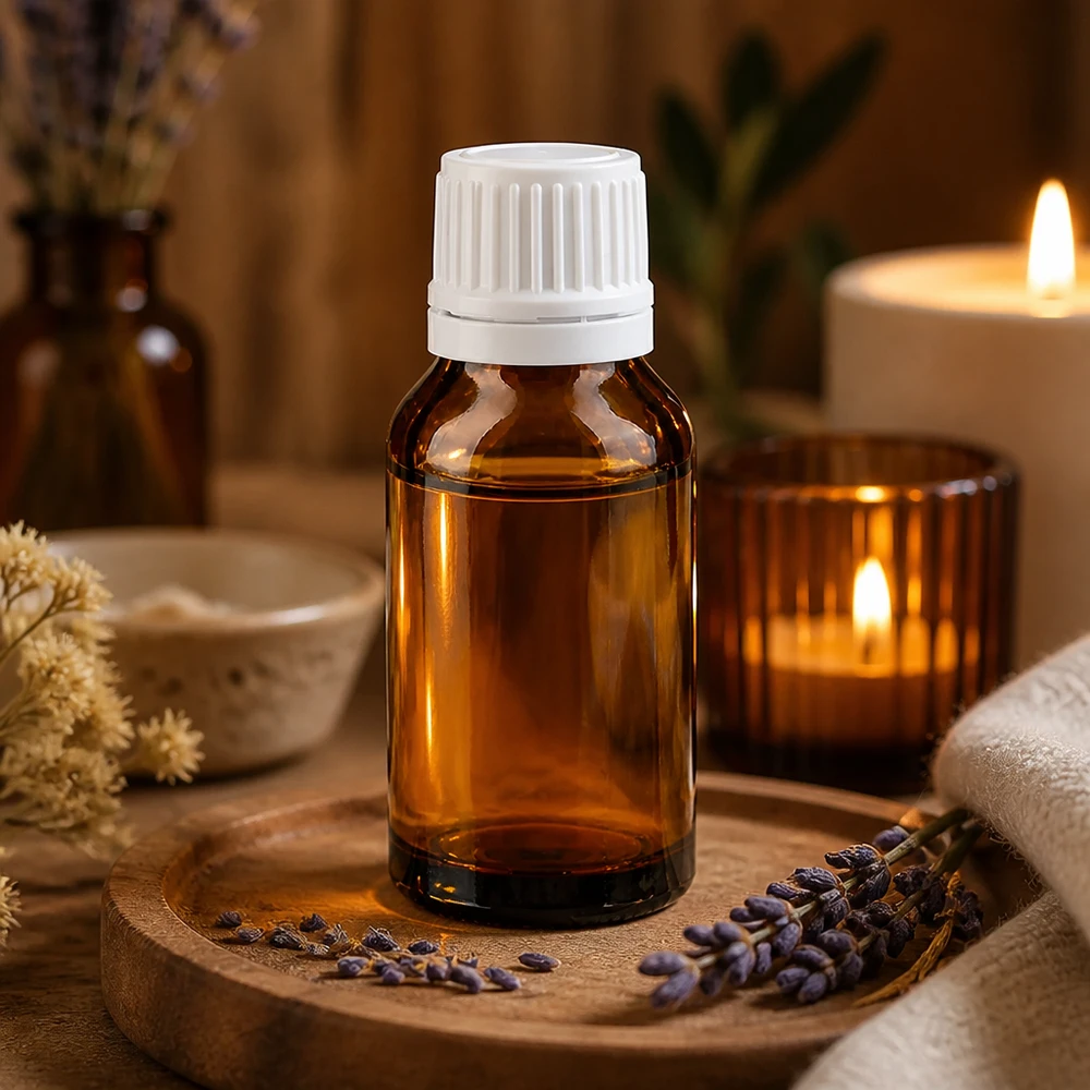 Flacon en verre brun 15ml avec bouchon à vis blanc VR Flacon en verre ambré pour aromathérapie de 15 ml avec bouchon doseur blanc et décoration à la lavande