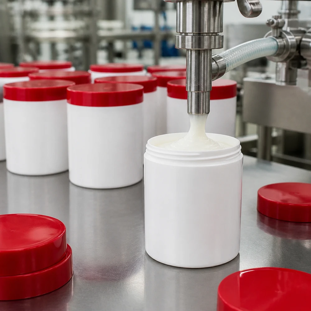 Pot à onguent blanc 300 g avec couvercle rouge (PP) Conditionnement pharmaceutique : pots à pommade blancs de 300 g avec couvercles à vis rouges en PP