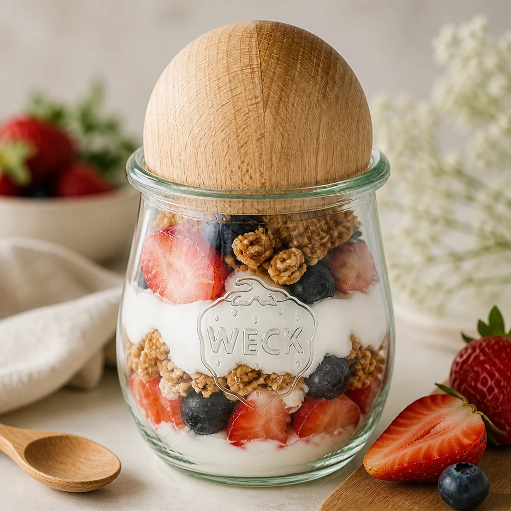220ml bocal tulipe WECK RR60 avec boule en bois en hêtre WECK Pot tulipe RR60 220ml comme parfait au yaourt avec baies et noix, bouchon boule en bois de hêtre pour les desserts