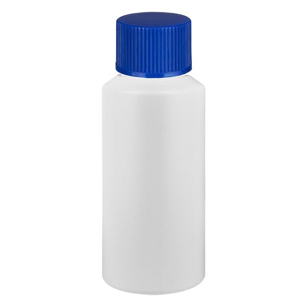 Flacon à pharmacie HDPE 30ml blanc avec bouchon vissable bleu
