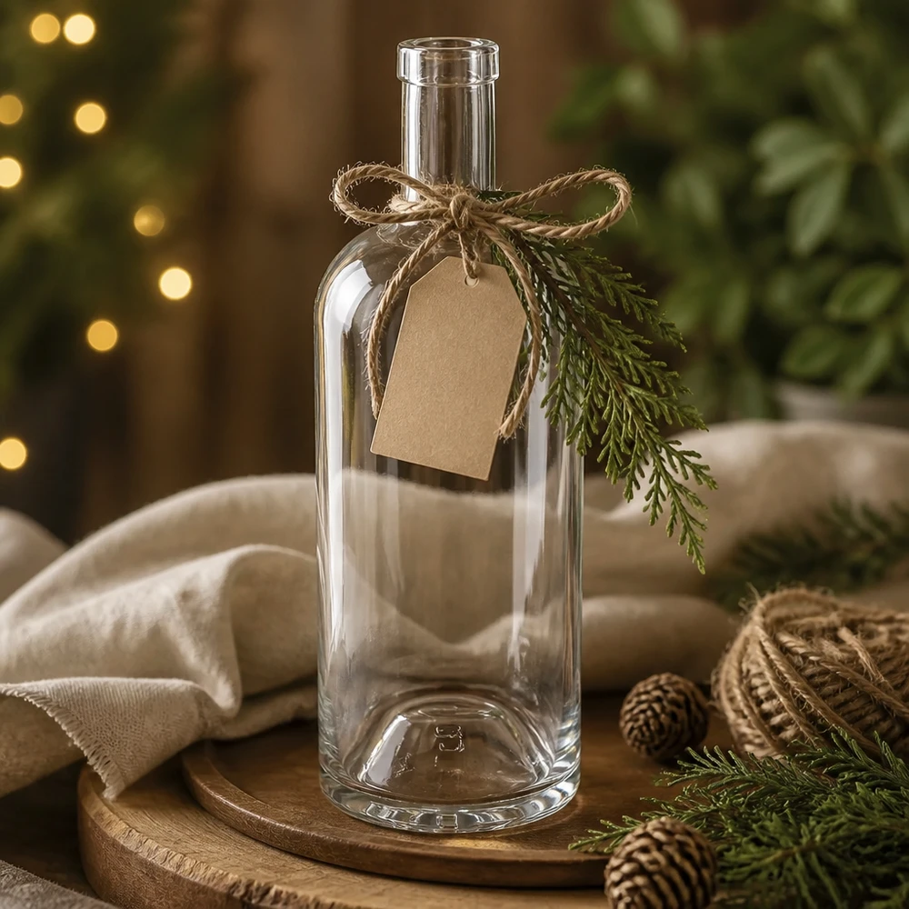 Flacon en verre 750 ml « Emma » sans bouchon UNiTWIST® Bouteille en verre Emma de 750 ml décorée pour Noël avec pendentif en papier kraft Boucle en jute et branche de sapin sur planche en bois