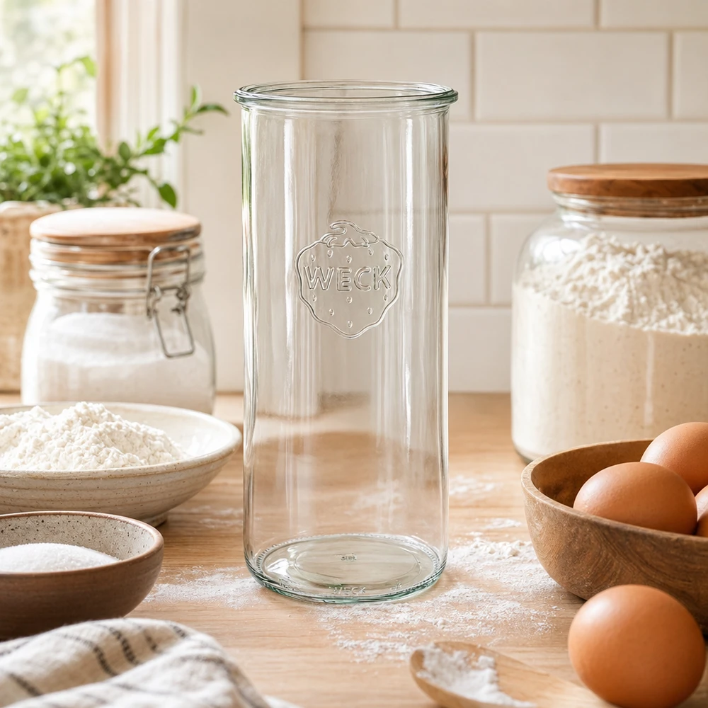 1500ml WECK Bocal de stockage en verre RR100 dans une cuisine rustique avec des œufs et de la farine sur un plan de travail en bois
