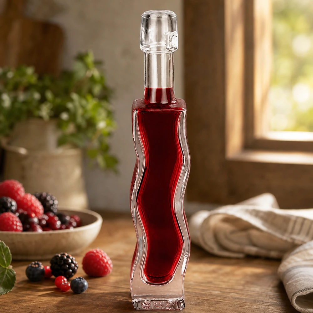Bouteille en verre Anna de 40 ml remplie de jus de baies rouges Décor fruits rouges Scène de cuisine Exemple d'utilisation Liqueur
