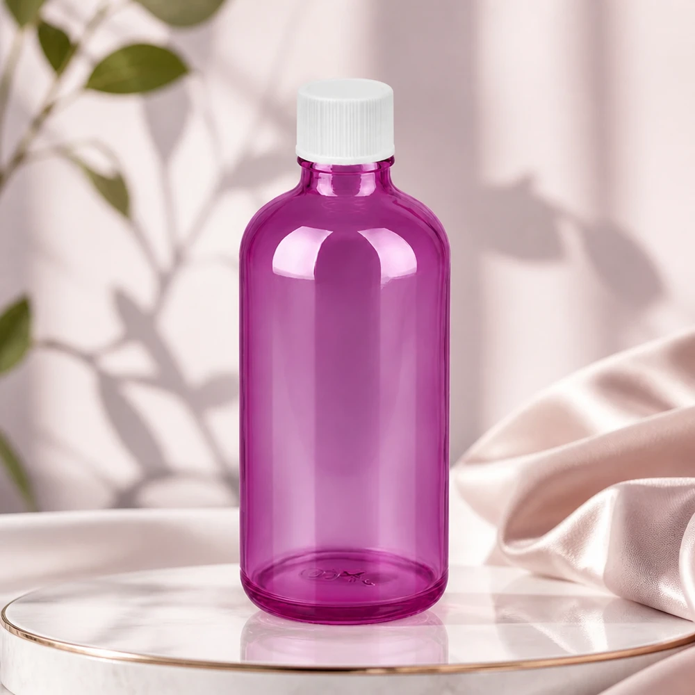 Bouteille en verre violet 100ml avec couvercle blanc idéale pour les extraits de parfum et les huiles d'aromathérapie