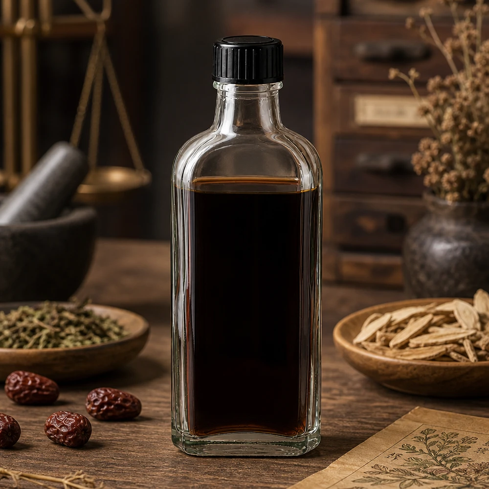 Flasque transparente de 100 ml au goulot DIN 22, avec bouchon à vis DIN 22 noir et joint LKD Bouteille rectangulaire en verre de 100 ml « Meplat » avec joint d'étanchéité LKD, à côté d'herbes et d'épices traditionnelles