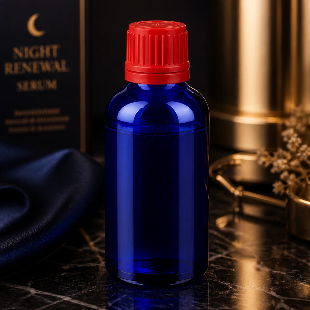 Flacon 50ml 11mm SV rouge OV BlueLine UT18/50 Flacon en verre bleu pour pharmacie 50ml avec bouchon vissant rouge SV 11mm OV BlueLine UT18/50