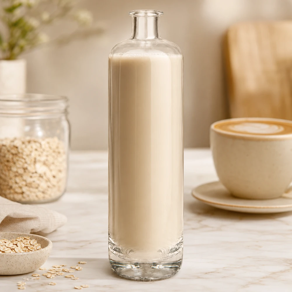 Bouteille en verre 700 ml « Ella » sans bouchon UNiTWIST® Bouteille en verre Ella de 700 ml remplie de lait d'avoine crémeux à côté de flocons d'avoine et d'une tasse de café dans une scène de cuisine naturelle