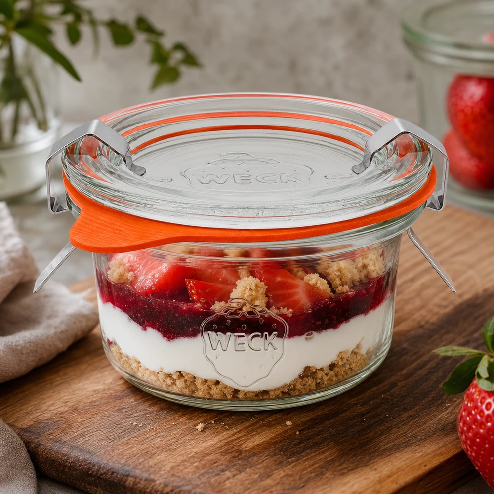50ml bocal conique complet WECK RR60 WECK Pot renversé de 50 ml RR60 avec dessert stratifié aux fraises et à la crème comme exemple d'utilisation pour les desserts sucrés